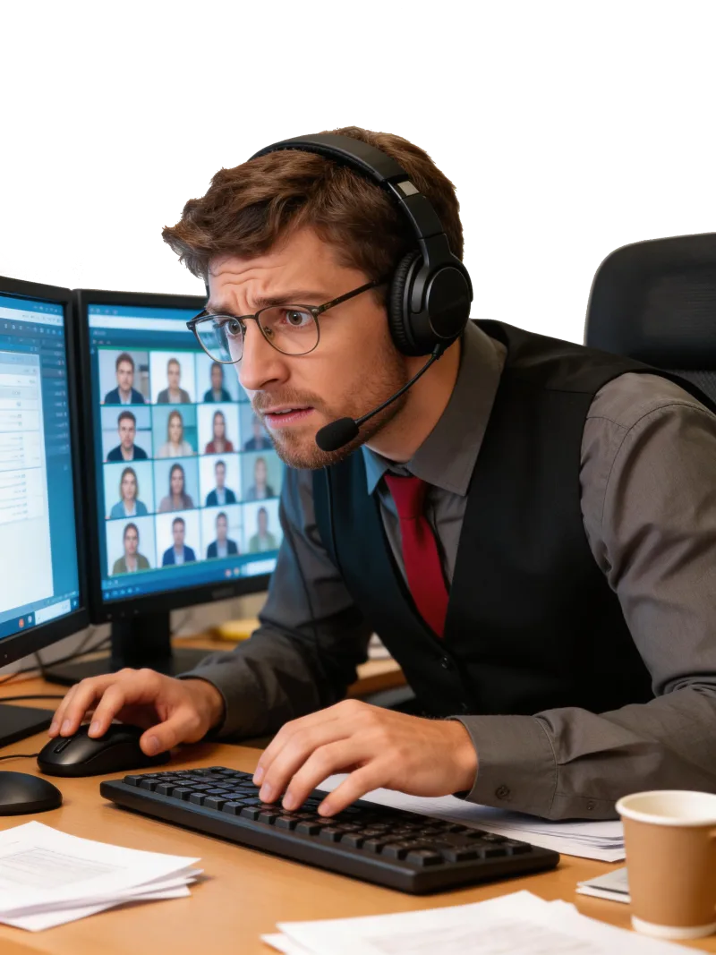 A trainer overwhelmed by multiple screens, chat, and technical issues during a virtual session